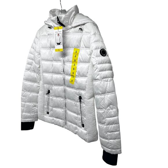 Nautica White Puffer Zip Up Jacket Small Removable Hood Pockets Stretch New - Picture 3 of 12